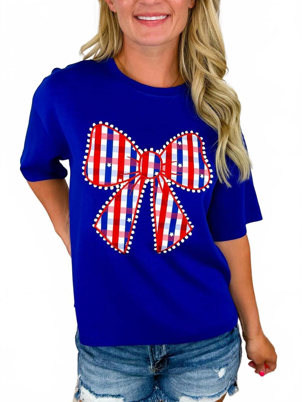 NEW JESS LEA charming gingham bow detail short sleeve top in blue